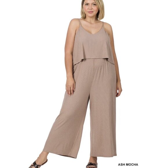 Zenana Outfitters Pants - Zenana Mocha Spaghetti Strap Tank Top Wide Leg Jumpsuit Plus Size 2X